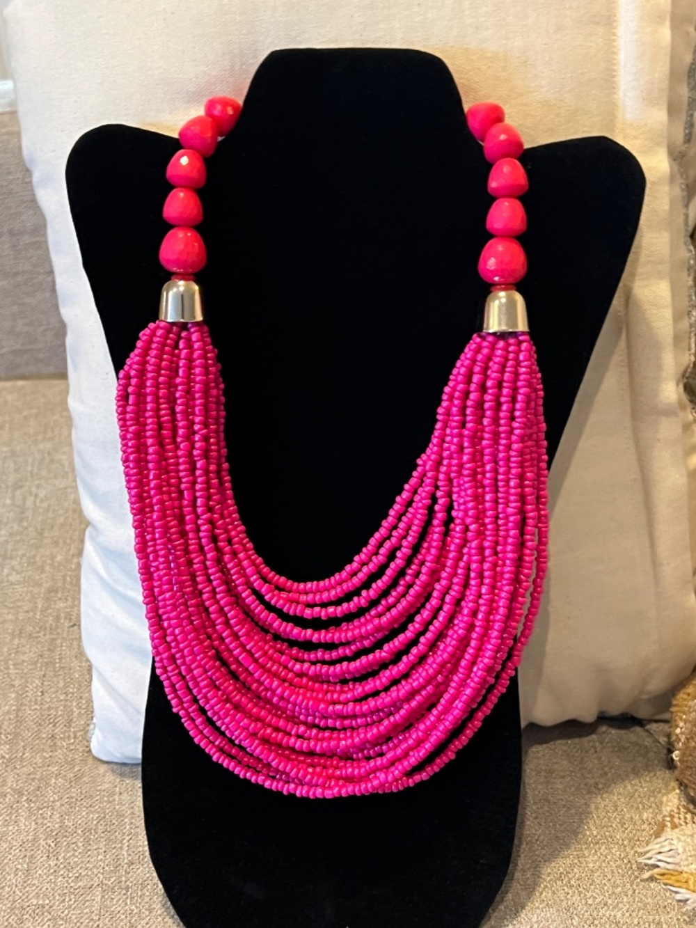 Bright Pink Waterfall Necklace MultiStrand Statement Necklace Lobster Claw Close